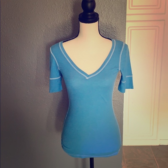Love Rocks Blue Ribbed Deep V Neck Shirt - Picture 4 of 4